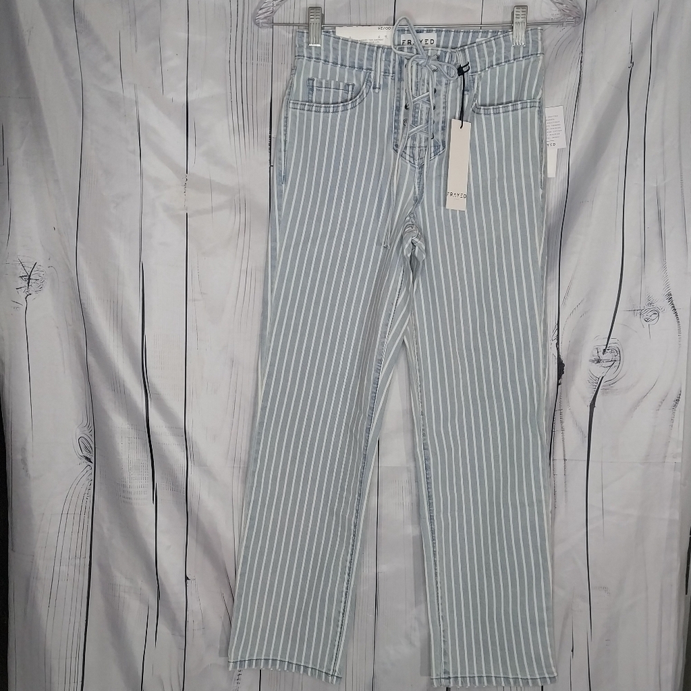 Frayed High Rise Straight Cropped Lace -Up Boho Coastal Striped Pants NWT